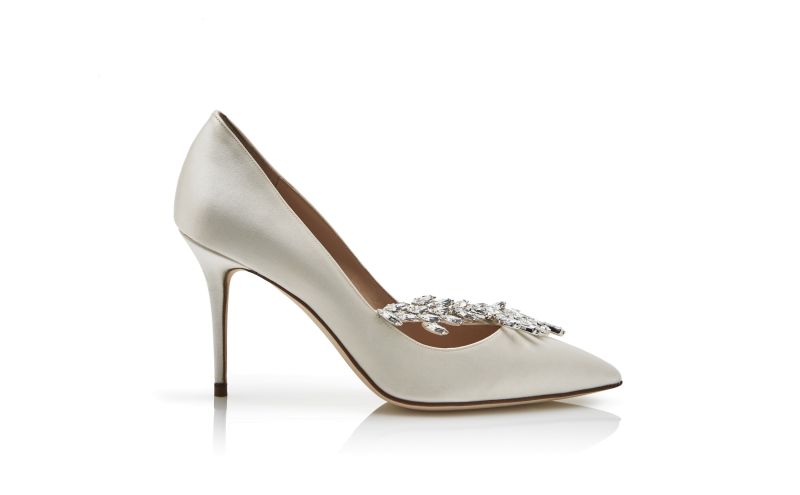 Side view of Nadira , White Satin Jewel Buckle Pumps - €1,045.00