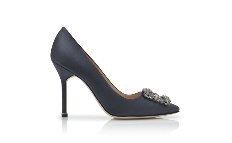 Side view of Hangisi, Dark Grey Satin Jewel Buckle Pumps - £945.00