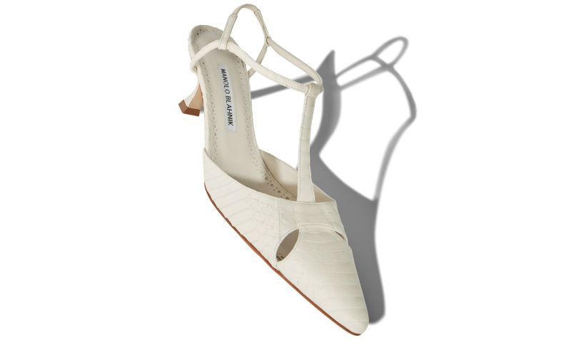 Turgimod, Cream Snakeskin T-Bar Pumps - US$975.00 