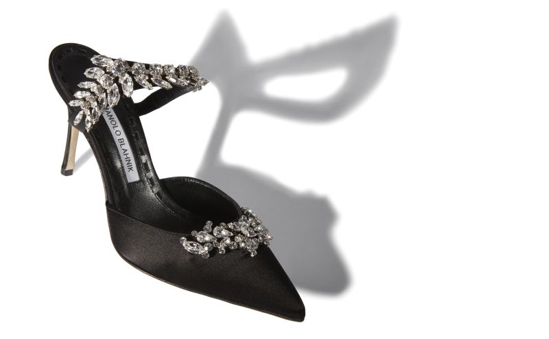 Designer Black Satin Crystal Embellished Mules