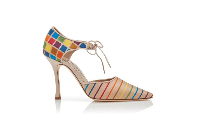 Side view of Estho, Multicoloured Silk Ankle Strap Pumps - US$598.00