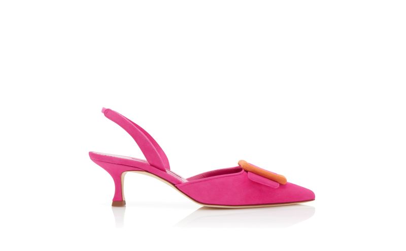 Side view of Designer Pink and Orange Suede Buckle Slingback Mules