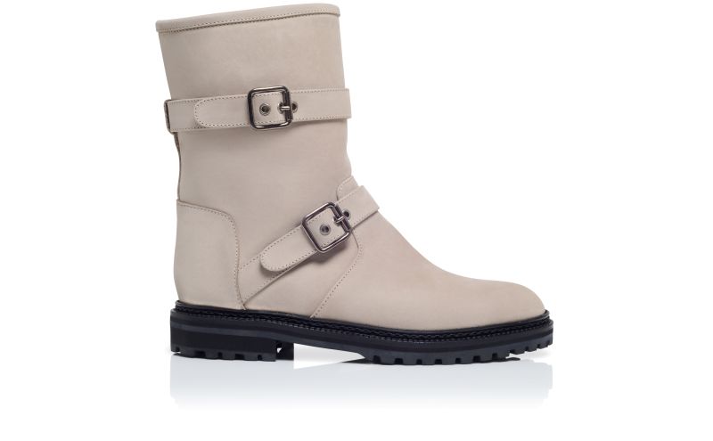 Side view of Sulaltrosa, Grey Nubuck Dual Buckle Ankle Boots  - US$1,495.00