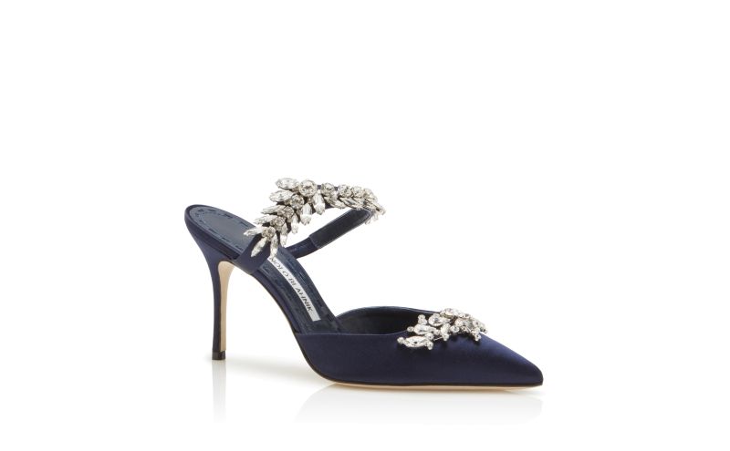 Lurum, Navy Satin Crystal Embellished Mules - €1,245.00