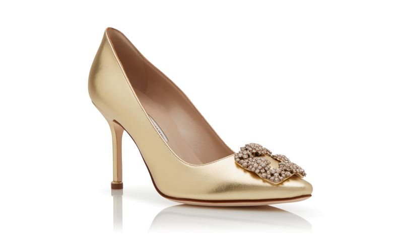 Designer Gold Nappa Leather Jewel Buckle Pumps