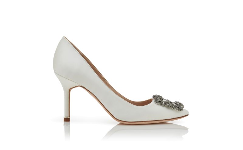 Side view of Hangisi 90, White Satin Jewel Buckle Pumps - US$1,195.00