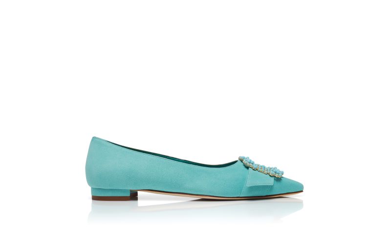 Side view of Gibfla, Blue Suede Pearl Buckle Flat Pumps - US$825.00