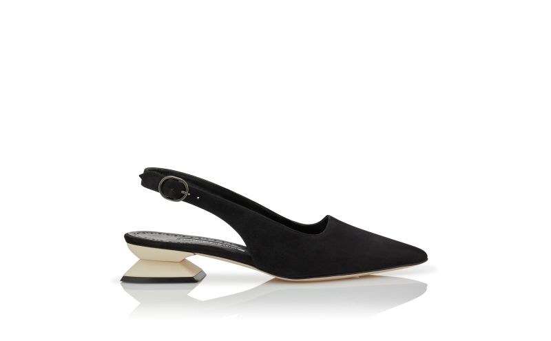 Side view of Ruzgan, Black and Ivory Suede Slingback Mules - €795.00