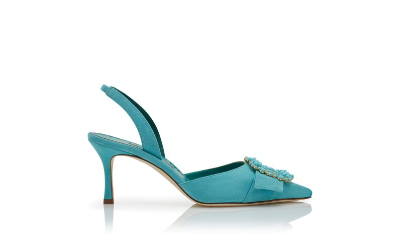 Side view of Gibsli, Light Blue Suede Pearl Buckle Slingback Pumps - US$855.00