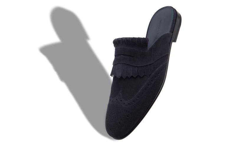 Dasiomu, Navy Blue Suede Kiltie Backless Loafers - £675.00