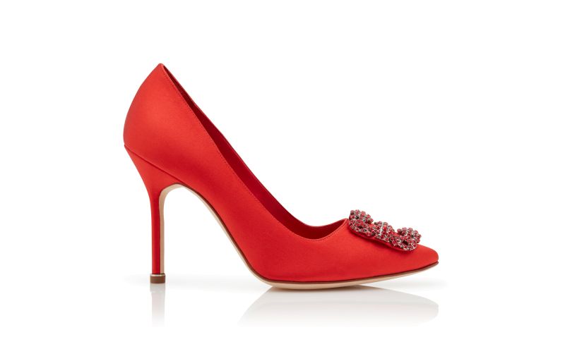 Side view of Hangisi red, Red Satin Jewel Buckle Pumps - US$1,225.00