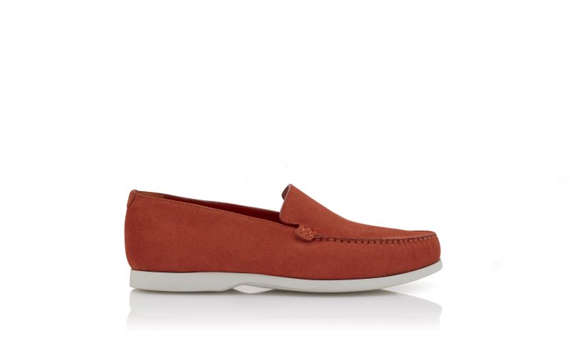 Side view of Designer Orange Suede Loafers