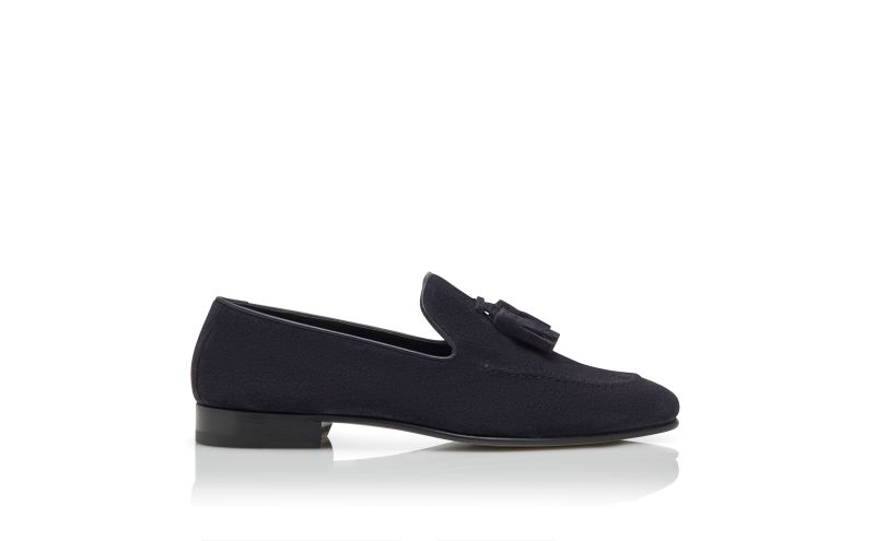 Side view of Designer Navy Blue Suede Loafers