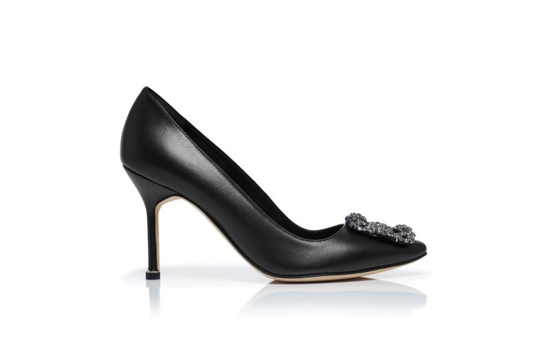 Side view of Hangisi 90, Black Calf Leather Jewel Buckle Pumps - US$1,445.00