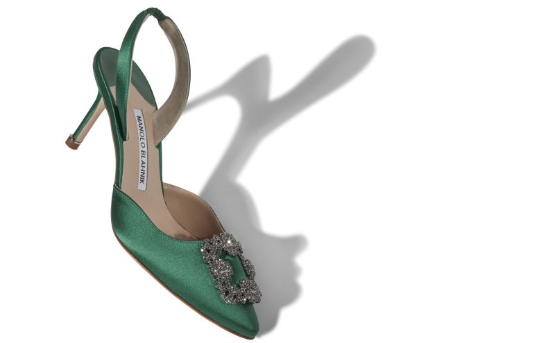 Hangisli, Green Satin Jewel Buckle Slingback Pumps - US$1,195.00 