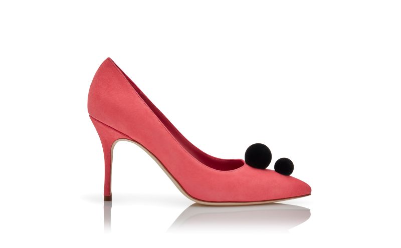 Side view of Piera, Pink and Black Suede Pom Pom Detail Pumps - US$925.00