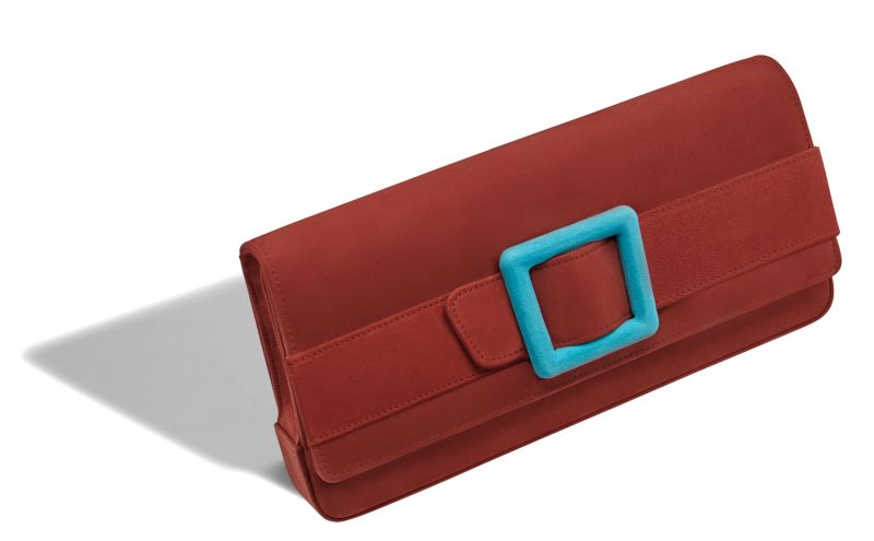Designer Red and Light Blue Suede Buckle Clutch
