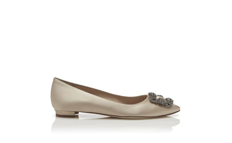 Side view of Hangisiflat, Champagne Satin Jewel Buckle Flat Pumps - US$1,095.00