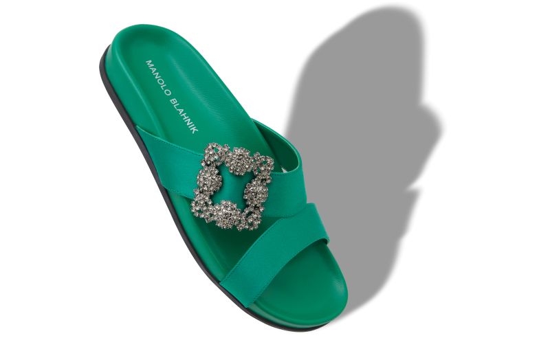 Chilanghi, Green Satin Jewel Buckle Flat Mules - £845.00 