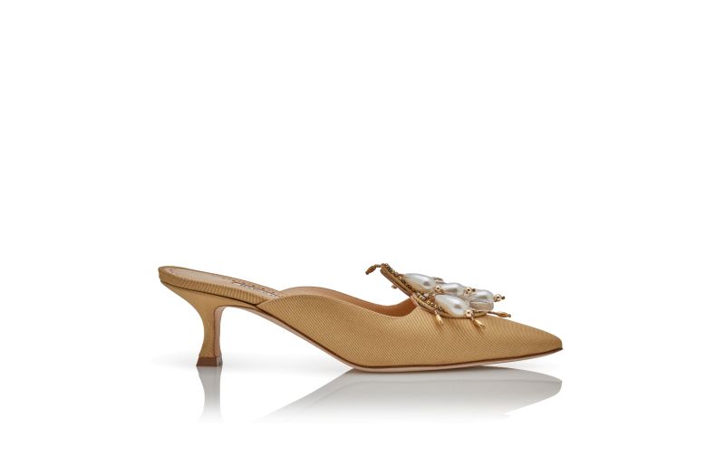 Side view of Orientalia, Gold Grosgrain Embellished Mules - US$995.00