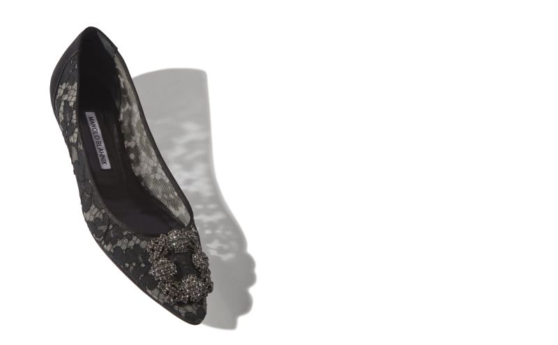 Hangisiflat lace, Black Lace Jewel Buckle Flat Pumps - US$1,225.00 