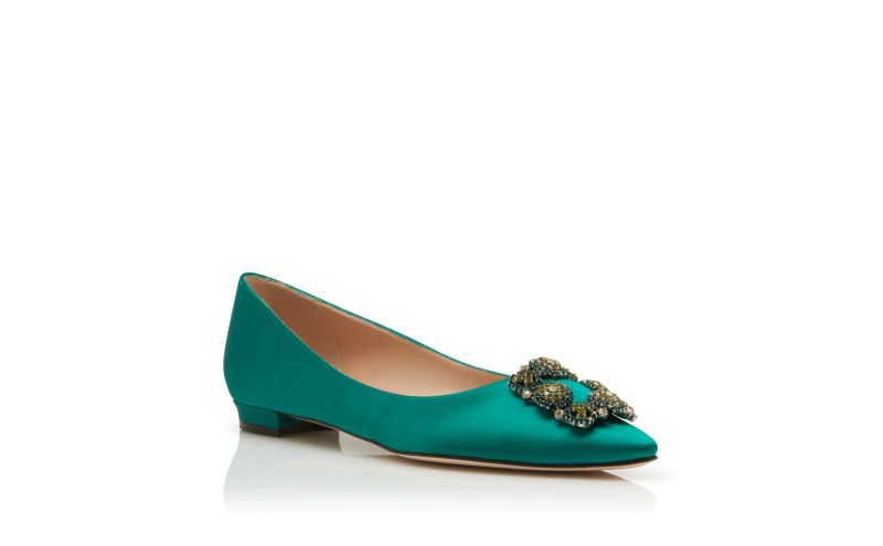 Designer Green Satin Jewel Buckled Flats