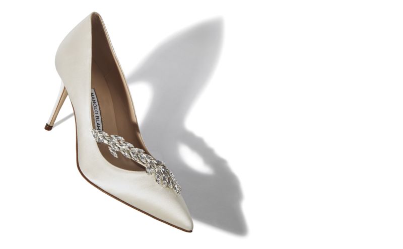 Designer White Satin Jewel Buckle Pumps
