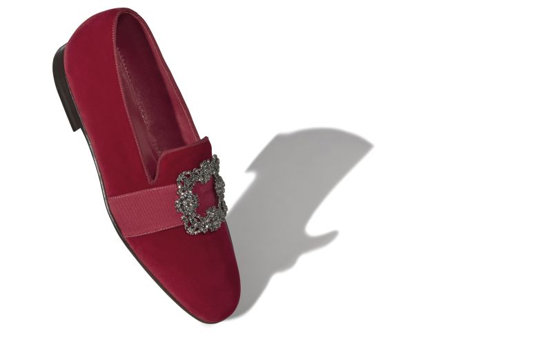 Designer Red Velvet Jewelled Buckle Loafers