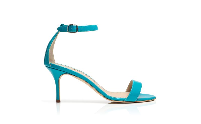 Side view of Chaos, Turquoise Patent Leather Ankle Strap Sandals - US$775.00
