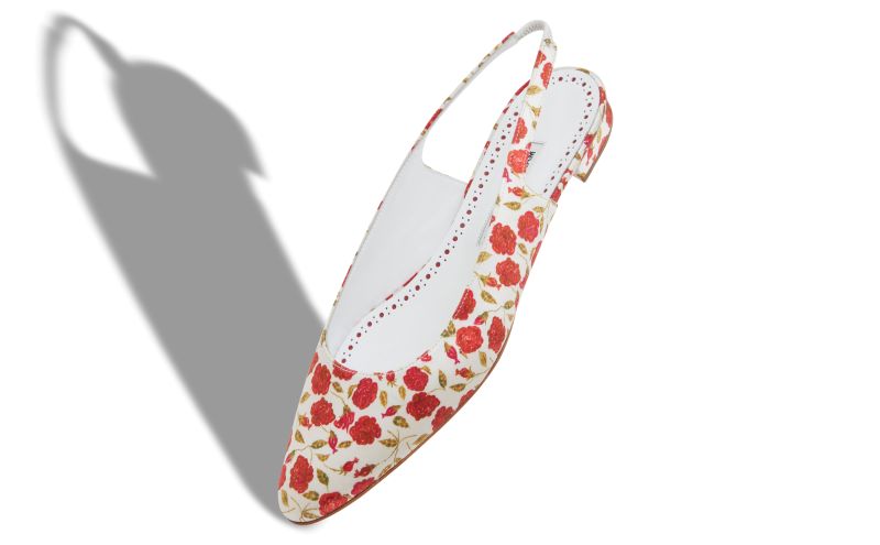 Sawra, White and Red Satin Slingback Flat Pumps  - US$465.00