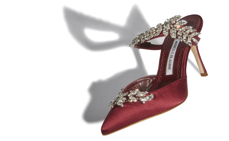 Lurum, Burgundy Satin Crystal Embellished Mules - US$1,395.00