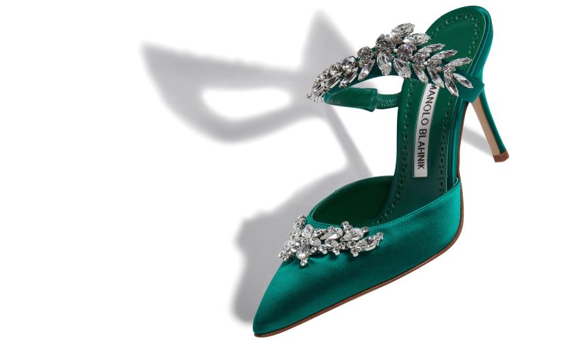 Designer Green Satin Crystal Embellished Mules
