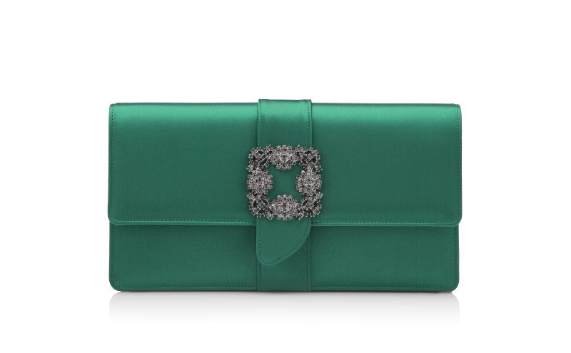 Side view of Capri, Green Satin Jewel Buckle Clutch - £1,325.00