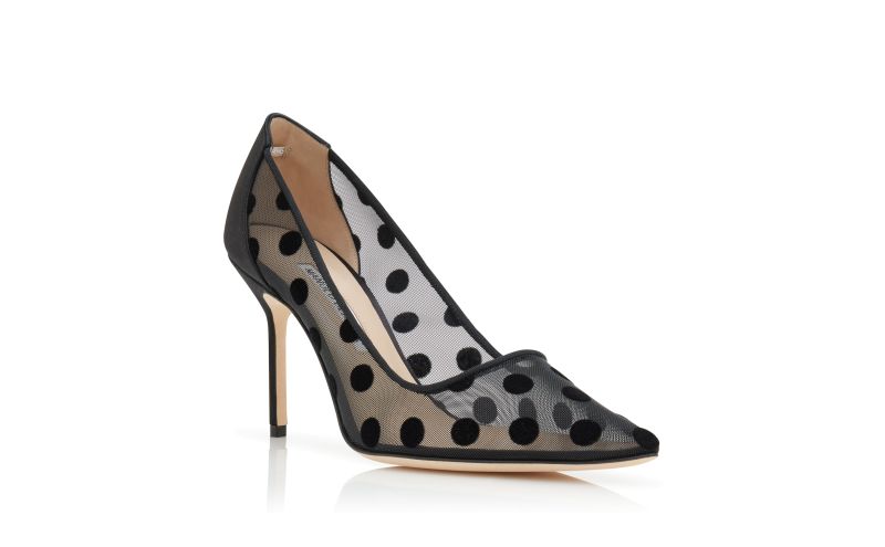 Designer Black Mesh Polka Dot Pointed Toe Pumps
