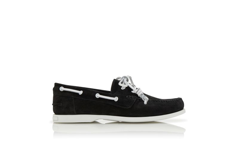 Side view of Sidmouth, Black Suede Boat Shoes - AU$1,195.00