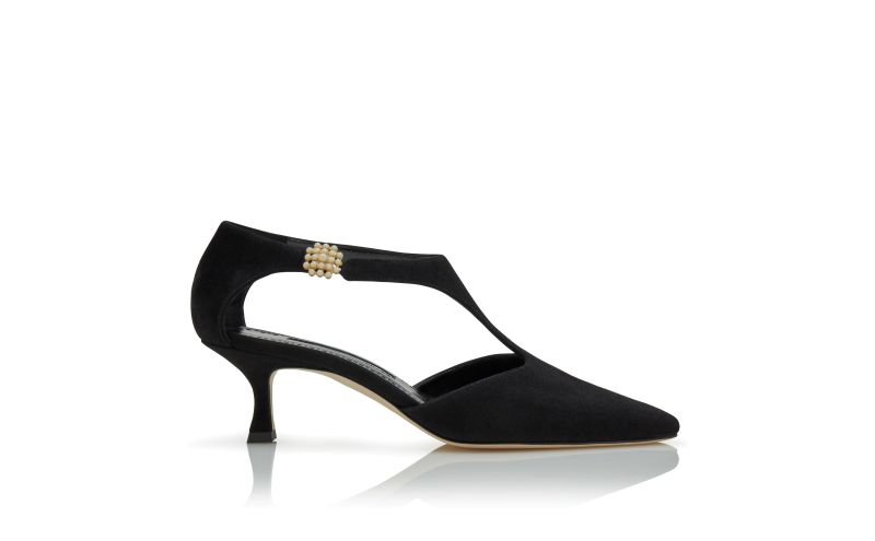 Side view of Shufta, Black Suede Pearl Detail Pumps - £525.00