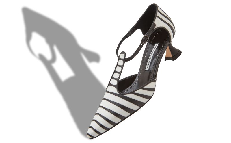 Alaria, White and Black Linen Striped T-Bar Pumps - £508.00
