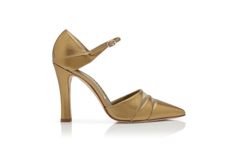 Side view of Designer Gold Nappa Leather Strappy Sandals