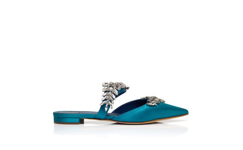 Side view of Lurumflat, Blue Satin Crystal Embellished Flat Mules - US$855.00