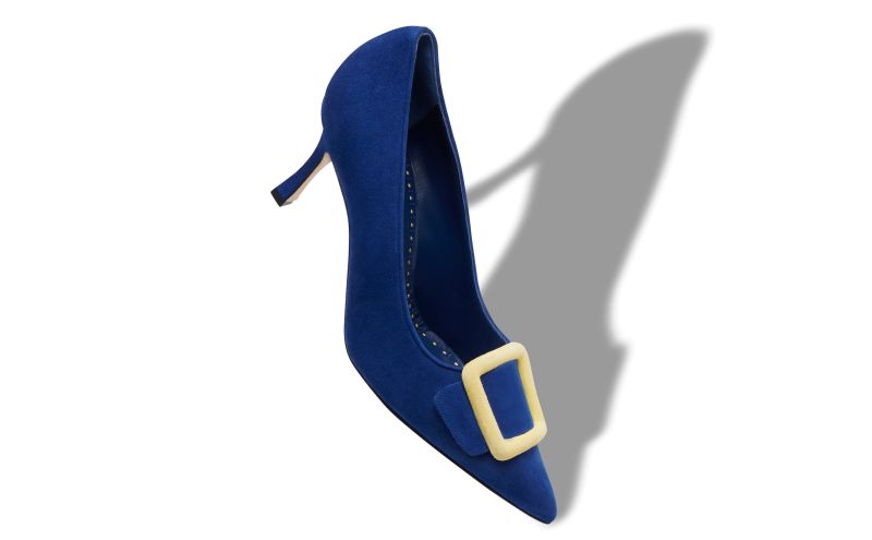 Designer Blue and Yellow Suede Buckle Pumps