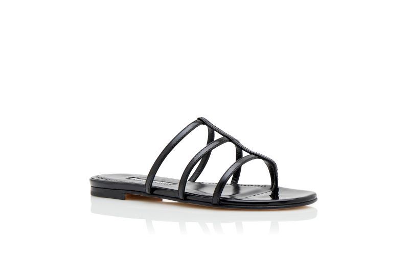 Designer Black Patent Leather Strappy Flat Sandals 