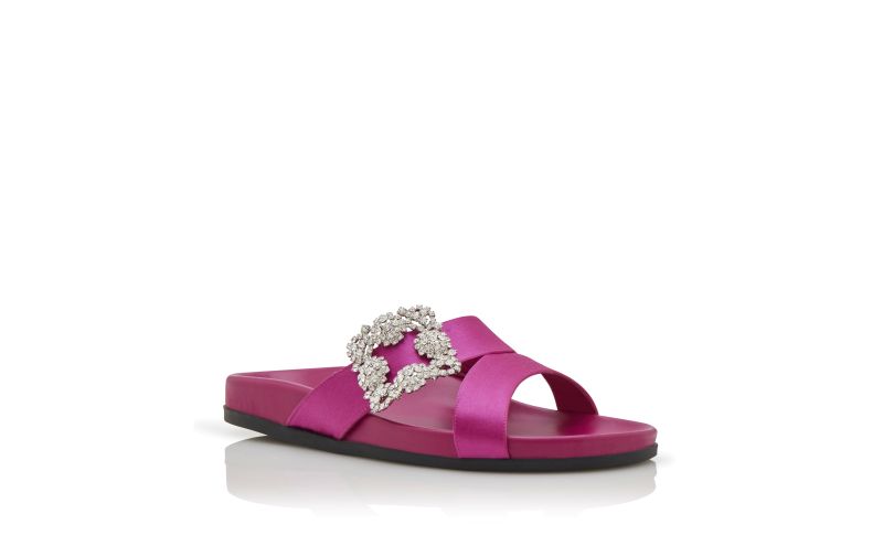 Chilanghi, Dark Fuchsia Satin Jewel Buckle Flat Mules - US$1,095.00