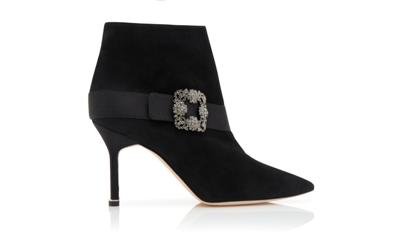 Side view of Designer Black Suede Jewel Buckle Ankle Boots 