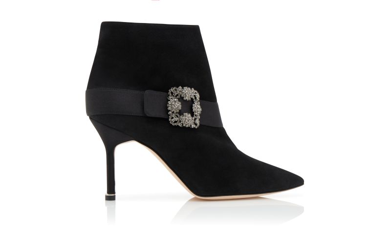 Side view of Plinianu, Black Suede Jewel Buckle Ankle Boots  - AU$2,405.00