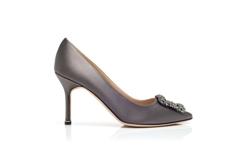 Side view of Hangisi 90, Dark Grey Satin Jewel Buckle Pumps - US$1,295.00