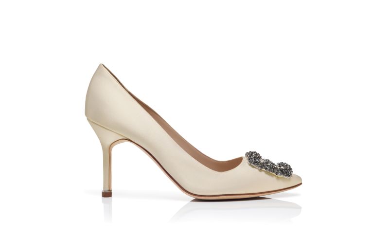 Side view of Hangisi 90, White Satin Jewel Buckle Pumps - US$1,350.00
