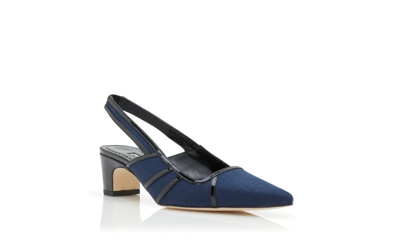Furrun, Navy Blue and Black Linen Geometric Slingback Pumps - AU$1,735.00