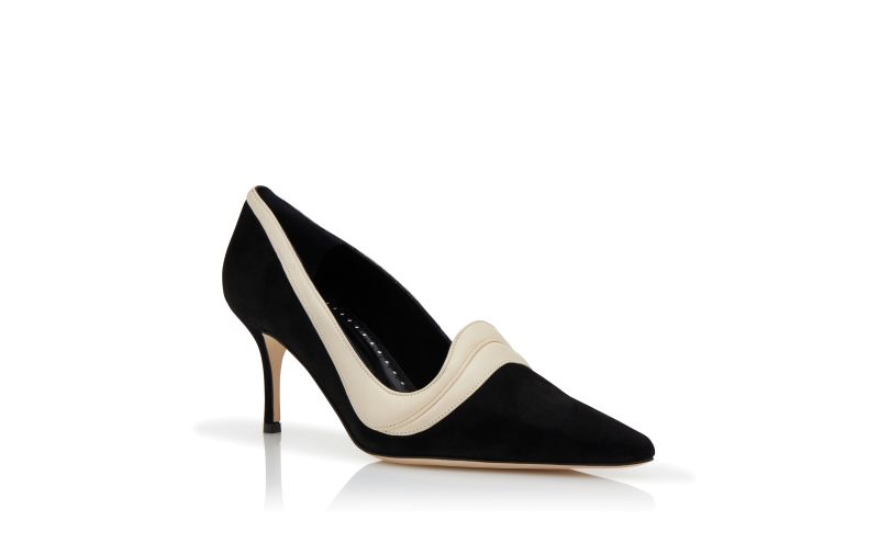 Manolo Blahnik Ajarafa Black and Light Cream Suede Pointed Toe Pumps