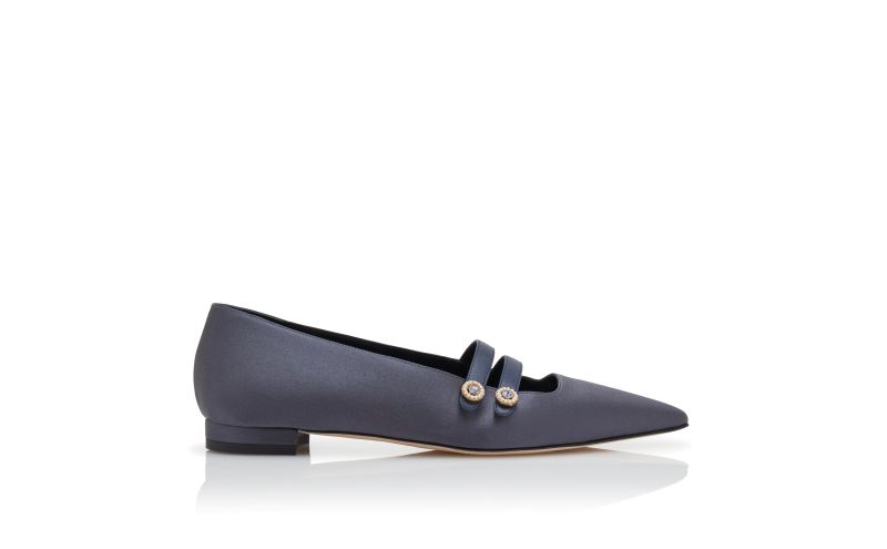 Side view of Polmana, Navy Blue Satin Embellished Flat Pumps - £785.00