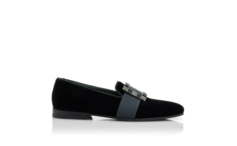 Side view of Eaton, Dark Green Velvet Buckled Loafers - £895.00